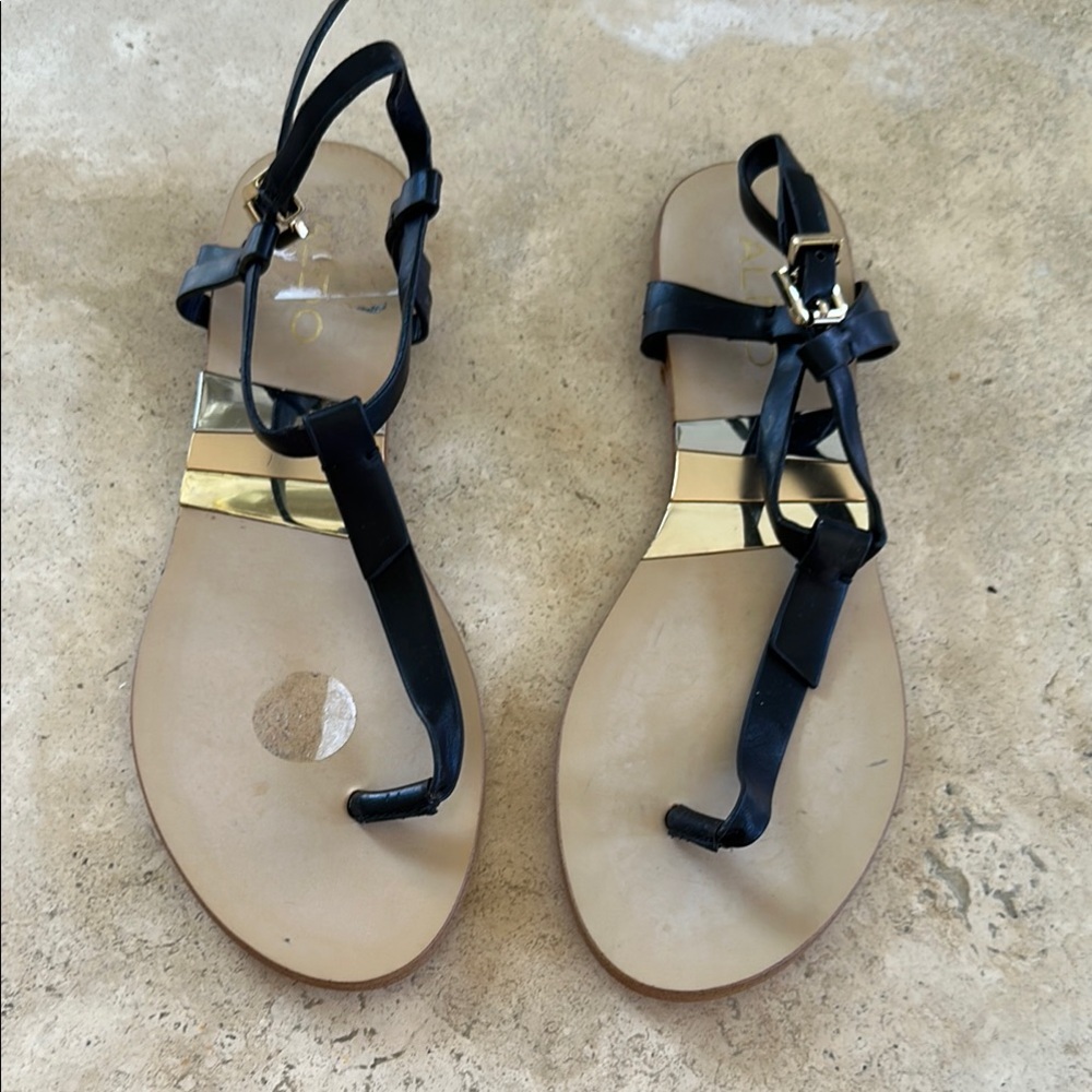 Aldo Black and Gold Sandals with Ankle Strap